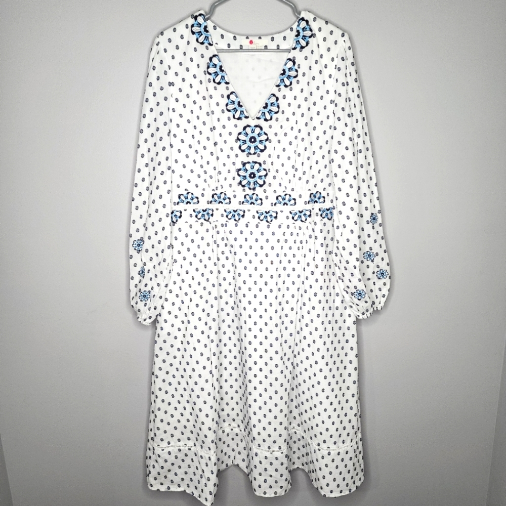 Boden Flossie Swiss Dot Embroidered Floral Midi Dress White and Blue Size 18R